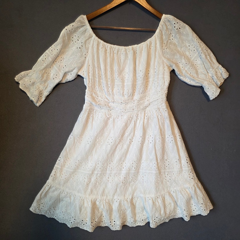 PrettyGarden Eyelet‎ Lace Mini Dress Womens M White Cowgirl Boho Rodeo Ruffle